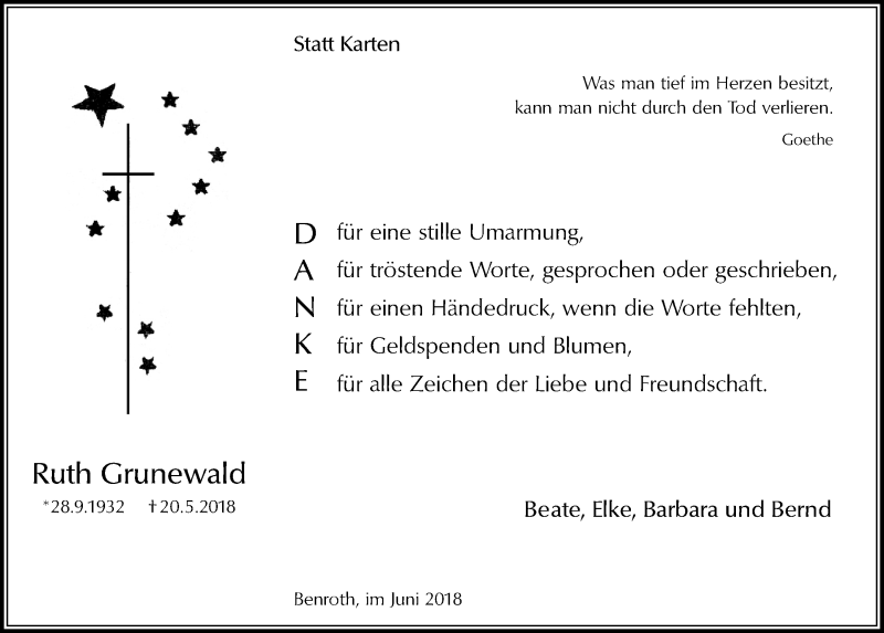  Traueranzeige für Ruth Grunewald vom 27.06.2018 aus  Lokalanzeiger 