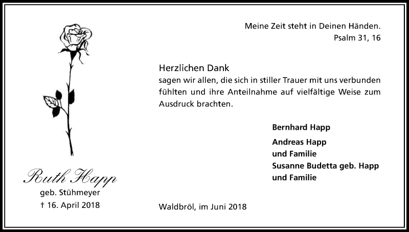 Traueranzeige für Ruth Happ vom 09.06.2018 aus Kölner Stadt-Anzeiger / Kölnische Rundschau / Express