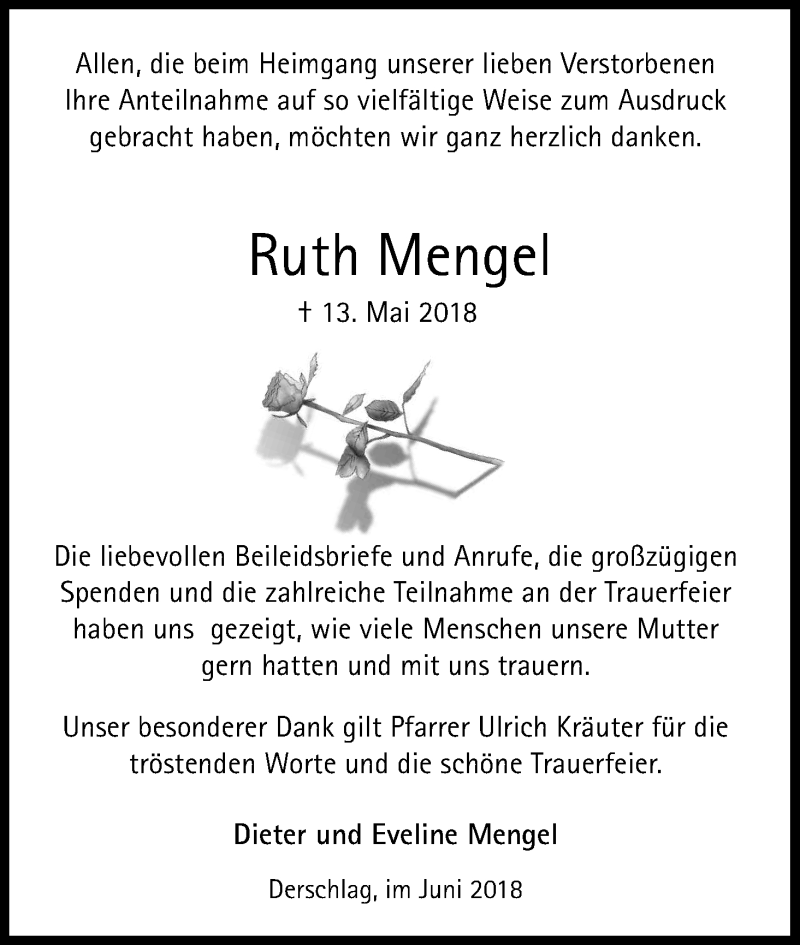  Traueranzeige für Ruth Mengel vom 30.06.2018 aus Kölner Stadt-Anzeiger / Kölnische Rundschau / Express