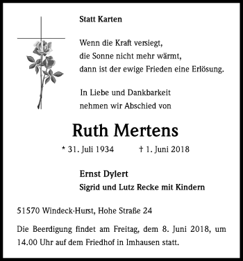 Anzeige von Ruth Mertens von Kölner Stadt-Anzeiger / Kölnische Rundschau / Express
