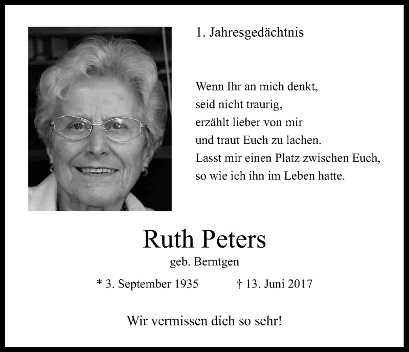  Traueranzeige für Ruth Peters vom 13.06.2018 aus Kölner Stadt-Anzeiger / Kölnische Rundschau / Express