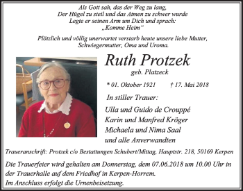 Anzeige von Ruth Protzek von  Sonntags-Post 