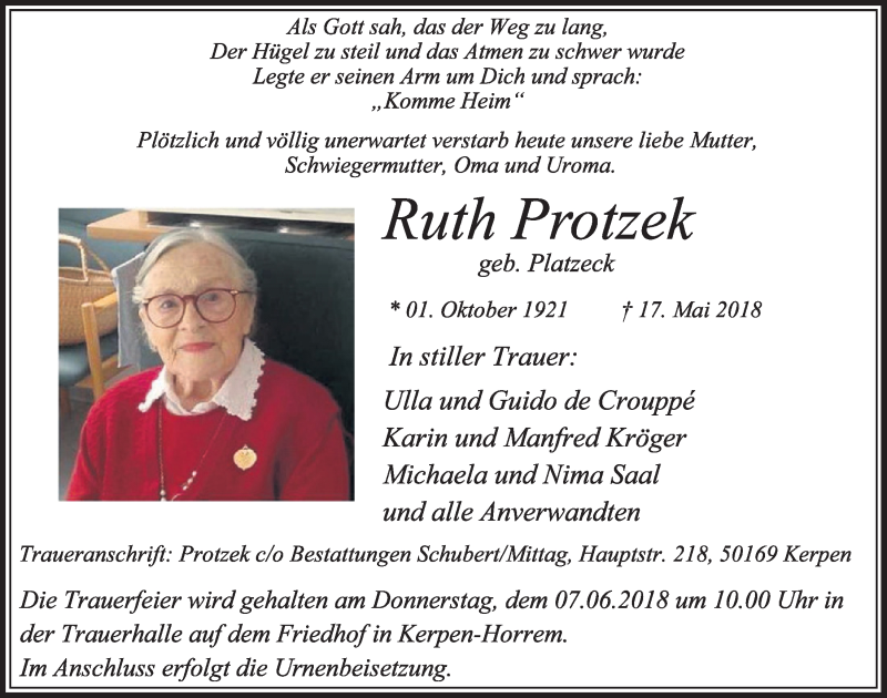  Traueranzeige für Ruth Protzek vom 02.06.2018 aus  Sonntags-Post 