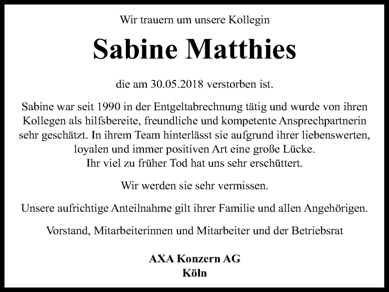  Traueranzeige für Sabine Matthies vom 16.06.2018 aus Kölner Stadt-Anzeiger / Kölnische Rundschau / Express