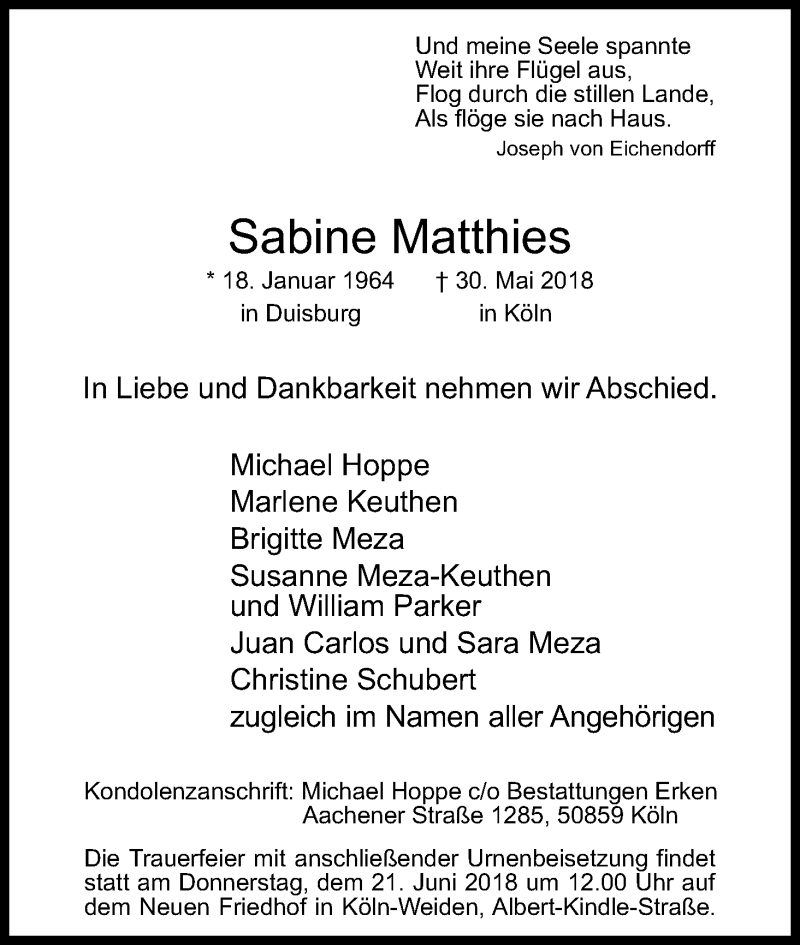  Traueranzeige für Sabine Matthies vom 16.06.2018 aus Kölner Stadt-Anzeiger / Kölnische Rundschau / Express