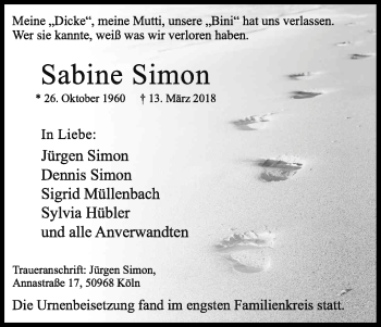 Anzeige von Sabine Simon von Kölner Stadt-Anzeiger / Kölnische Rundschau / Express