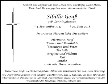 Anzeige von Sibilla Geuß von Kölner Stadt-Anzeiger / Kölnische Rundschau / Express