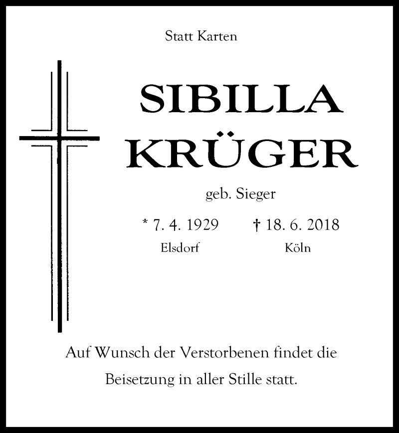  Traueranzeige für Sibilla Krüger vom 30.06.2018 aus  Sonntags-Post 
