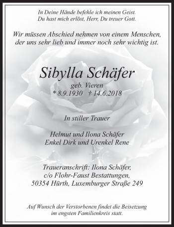 Anzeige von Sibylla Schäfer von  Wochenende 