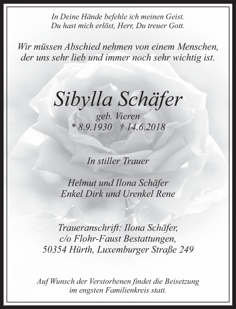  Traueranzeige für Sibylla Schäfer vom 20.06.2018 aus  Wochenende 