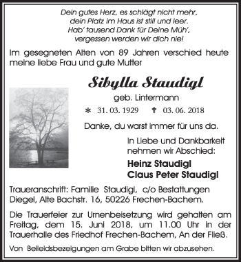Anzeige von Sibylla Staudigl von  Sonntags-Post 