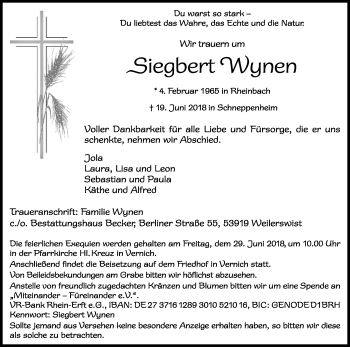 Anzeige von Siegbert Wynen von Kölner Stadt-Anzeiger / Kölnische Rundschau / Express