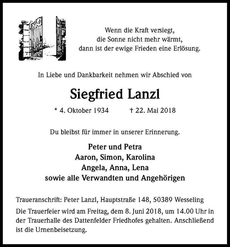  Traueranzeige für Siegfried Lanzl vom 02.06.2018 aus Kölner Stadt-Anzeiger / Kölnische Rundschau / Express