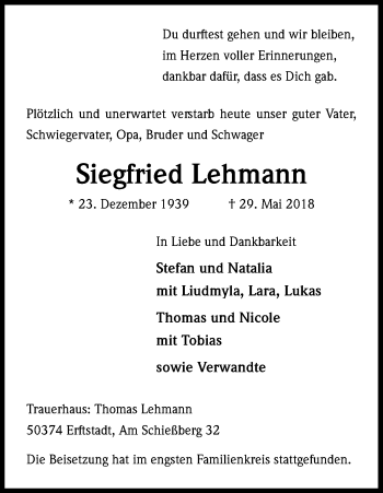 Anzeige von Siegfried Lehmann von Kölner Stadt-Anzeiger / Kölnische Rundschau / Express