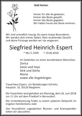 Anzeige von Siegfried Heinrich Espert von  Sonntags-Post 