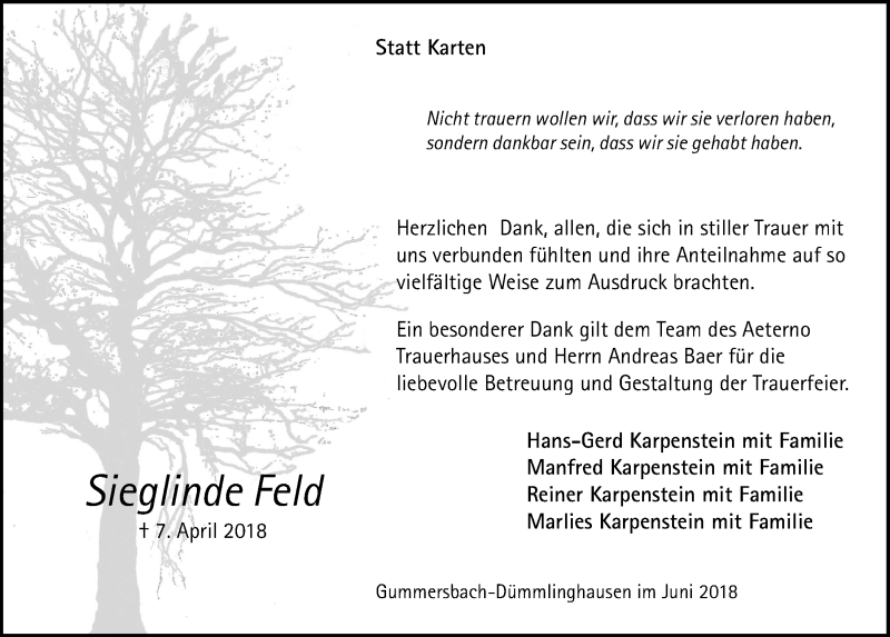  Traueranzeige für Sieglinde Feld vom 20.06.2018 aus  Anzeigen Echo 