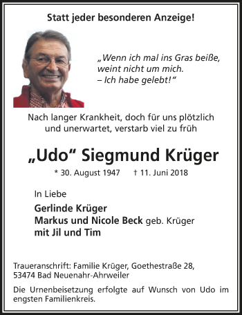 Anzeige von Siegmund Krüger von  Schaufenster/Blickpunkt 