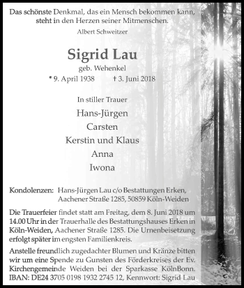 Anzeige von Sigird Lau von Kölner Stadt-Anzeiger / Kölnische Rundschau / Express