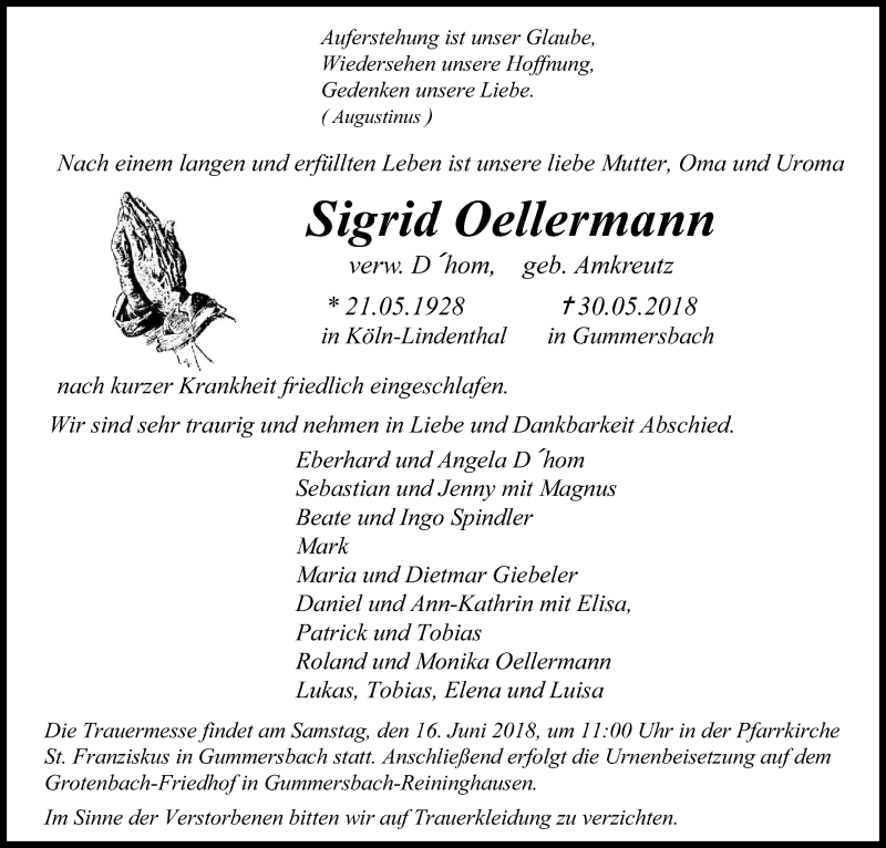  Traueranzeige für Sigrid Oellermann vom 08.06.2018 aus Kölner Stadt-Anzeiger / Kölnische Rundschau / Express