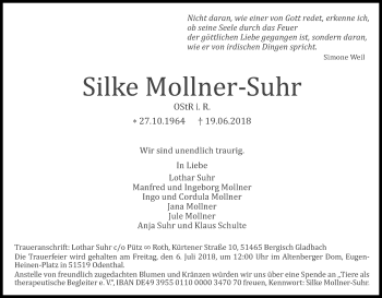 Anzeige von Silke Mollner-Suhr von Kölner Stadt-Anzeiger / Kölnische Rundschau / Express
