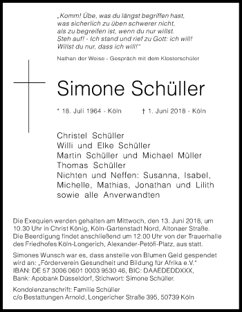 Anzeige von Simone Schüller von Kölner Stadt-Anzeiger / Kölnische Rundschau / Express