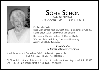 Anzeige von Sofie Schön von Kölner Stadt-Anzeiger / Kölnische Rundschau / Express