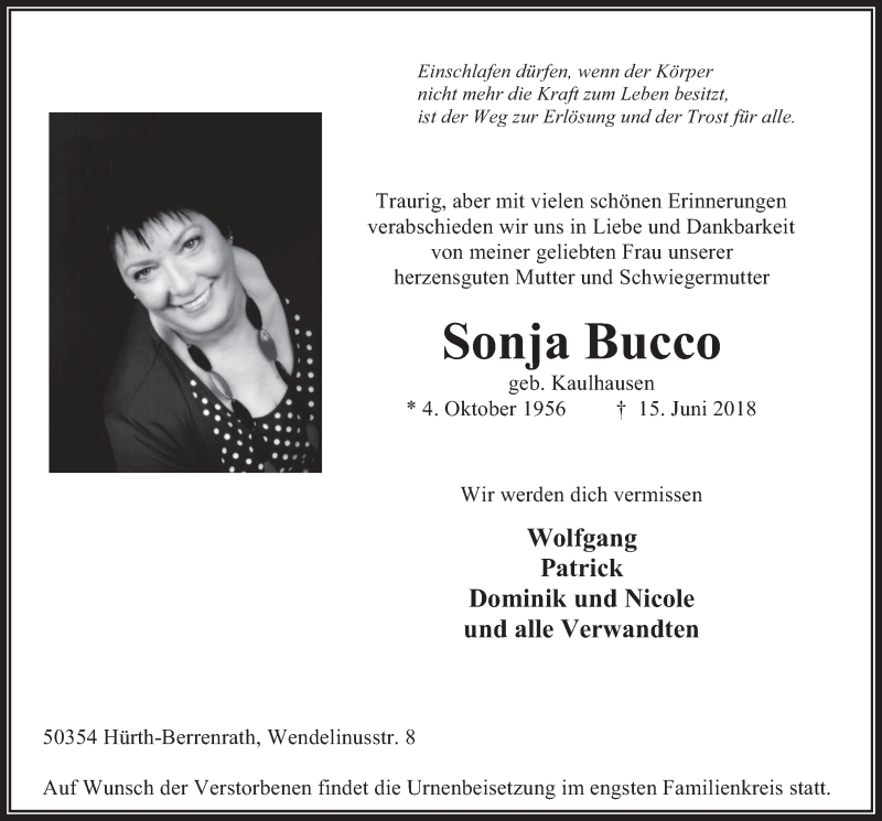  Traueranzeige für Sonja Bucco vom 20.06.2018 aus  Wochenende 