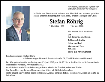 Anzeige von Stefan Röhrig von Kölner Stadt-Anzeiger / Kölnische Rundschau / Express