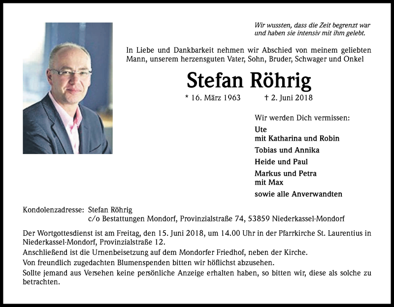  Traueranzeige für Stefan Röhrig vom 09.06.2018 aus Kölner Stadt-Anzeiger / Kölnische Rundschau / Express