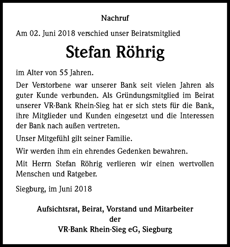  Traueranzeige für Stefan Röhrig vom 13.06.2018 aus Kölner Stadt-Anzeiger / Kölnische Rundschau / Express