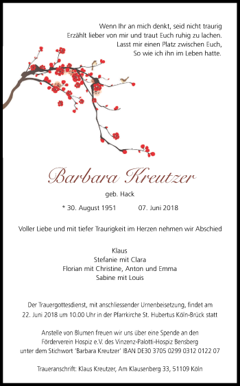 Anzeige von Barbara Kreutzer von Kölner Stadt-Anzeiger / Kölnische Rundschau / Express