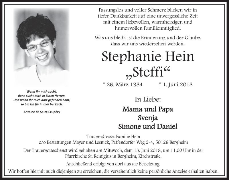  Traueranzeige für Stephanie Hein vom 09.06.2018 aus  Sonntags-Post 