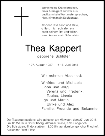 Anzeige von Thea Kappert von Kölner Stadt-Anzeiger / Kölnische Rundschau / Express