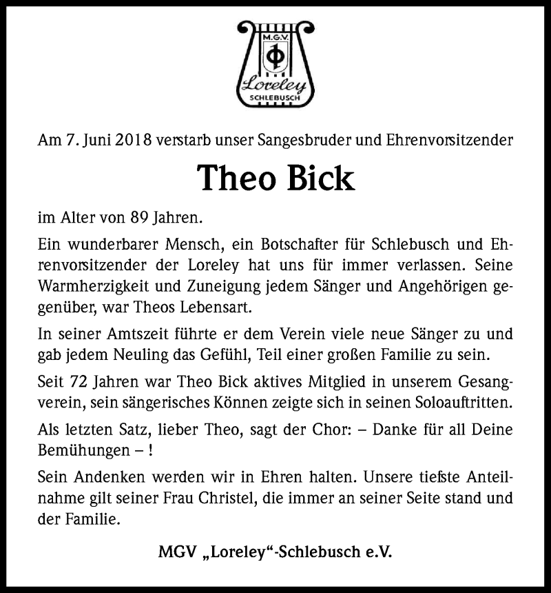  Traueranzeige für Theo Bick vom 15.06.2018 aus Kölner Stadt-Anzeiger / Kölnische Rundschau / Express