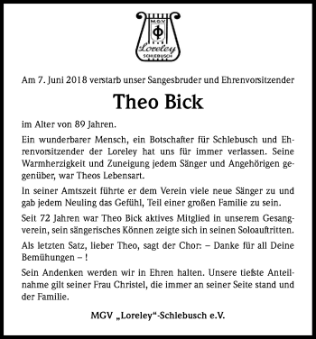 Anzeige von Theo Bick von Kölner Stadt-Anzeiger / Kölnische Rundschau / Express