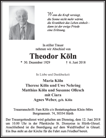 Anzeige von Theodor Köln von  Sonntags-Post 