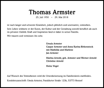 Anzeige von Thomas Armster von Kölner Stadt-Anzeiger / Kölnische Rundschau / Express