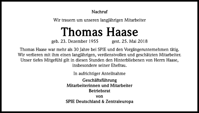  Traueranzeige für Thomas Haase vom 05.06.2018 aus Kölner Stadt-Anzeiger / Kölnische Rundschau / Express