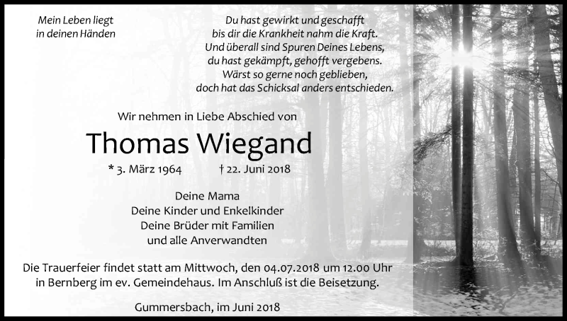  Traueranzeige für Thomas Wiegand vom 30.06.2018 aus Kölner Stadt-Anzeiger / Kölnische Rundschau / Express
