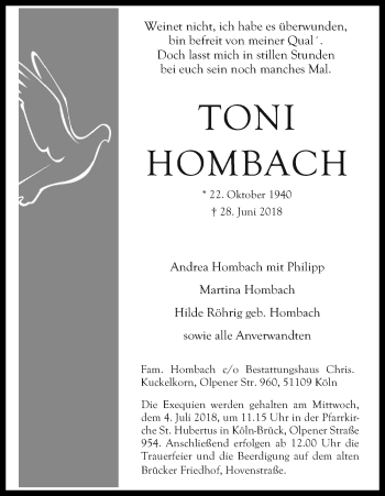 Anzeige von Toni Hombach von Kölner Stadt-Anzeiger / Kölnische Rundschau / Express
