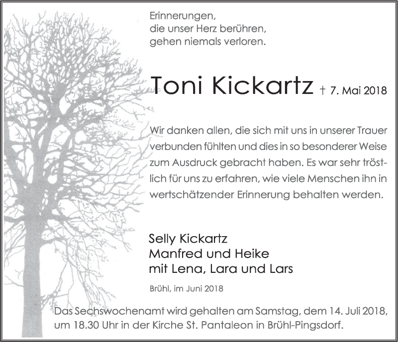  Traueranzeige für Toni Kickartz vom 27.06.2018 aus  Schlossbote/Werbekurier 