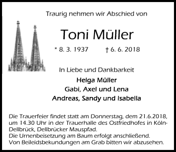 Anzeige von Toni Müller von Kölner Stadt-Anzeiger / Kölnische Rundschau / Express