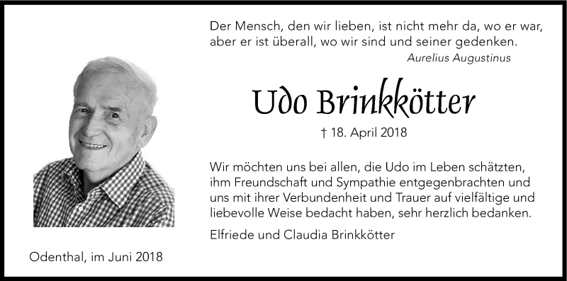  Traueranzeige für Udo Brinkkötter vom 16.06.2018 aus Kölner Stadt-Anzeiger / Kölnische Rundschau / Express