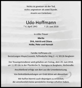 Anzeige von Udo Hoffmann von Kölner Stadt-Anzeiger / Kölnische Rundschau / Express