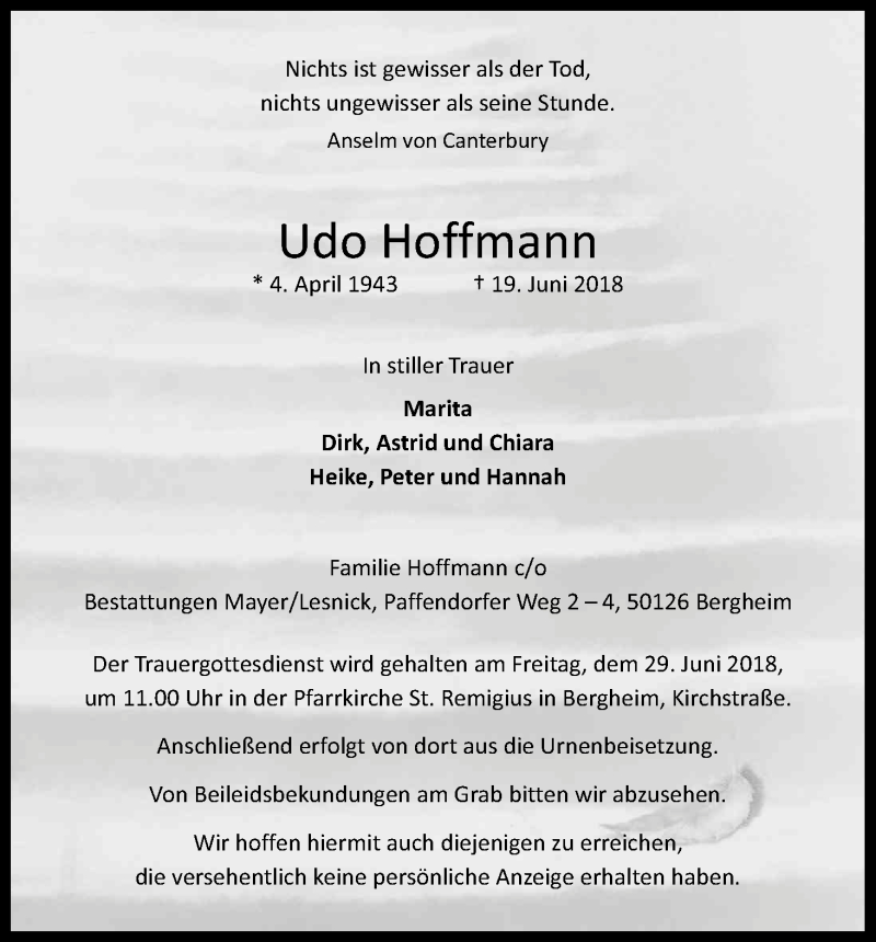  Traueranzeige für Udo Hoffmann vom 23.06.2018 aus Kölner Stadt-Anzeiger / Kölnische Rundschau / Express