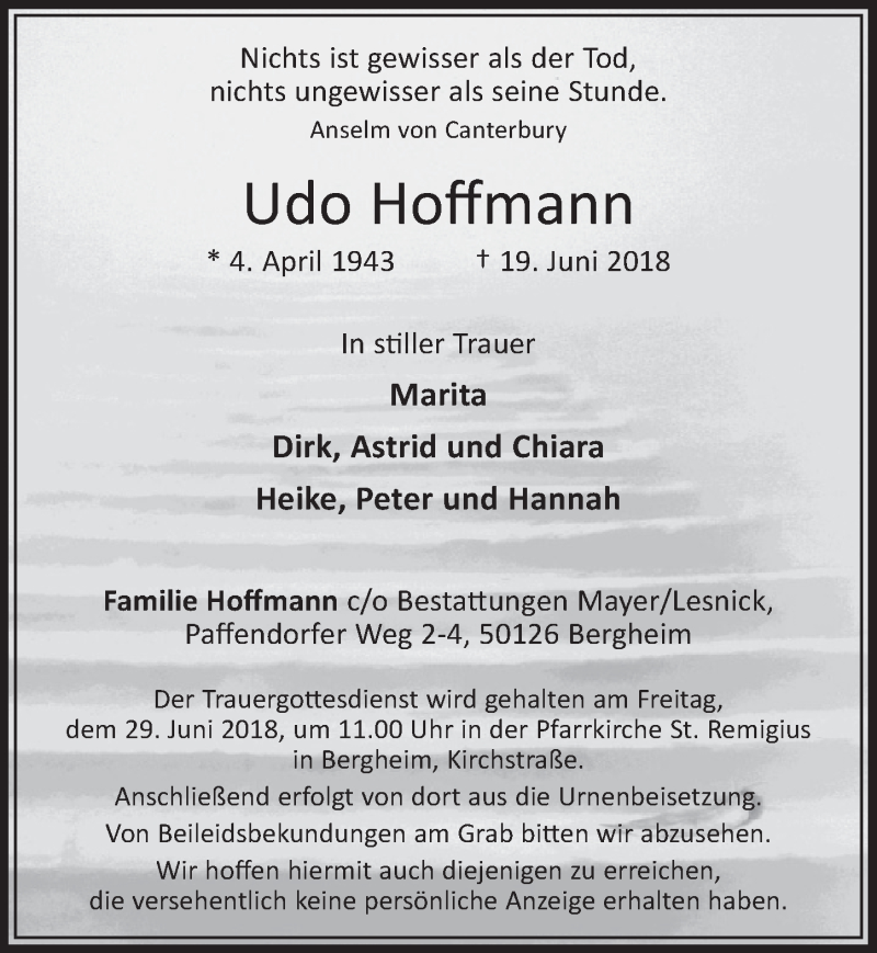  Traueranzeige für Udo Hoffmann vom 23.06.2018 aus  Sonntags-Post 