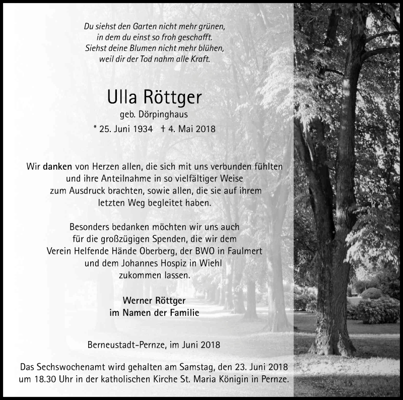  Traueranzeige für Ulla Röttger vom 16.06.2018 aus Kölner Stadt-Anzeiger / Kölnische Rundschau / Express