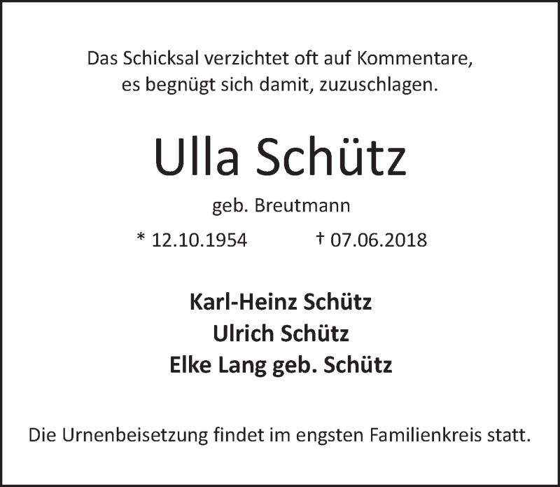  Traueranzeige für Ulla Schütz vom 16.06.2018 aus  Blickpunkt Euskirchen 