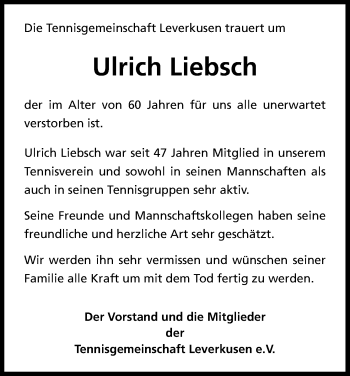 Anzeige von Ulrich Liebsch von Kölner Stadt-Anzeiger / Kölnische Rundschau / Express
