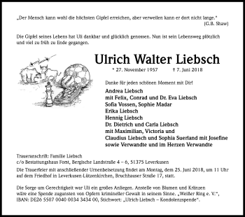 Anzeige von Ulrich Walter Liebsch von Kölner Stadt-Anzeiger / Kölnische Rundschau / Express